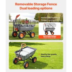 VEVOR Garden Dump Cart, 1200 lbs Poly Dump Cart, Garden Carts Dumps Wagon with Storage Fence, 2-in-1 Convertible Handle, 90° Quick-Dumps Mechanism, 180° Swivel Wheels, Yard Wagon for Plants, Soil
