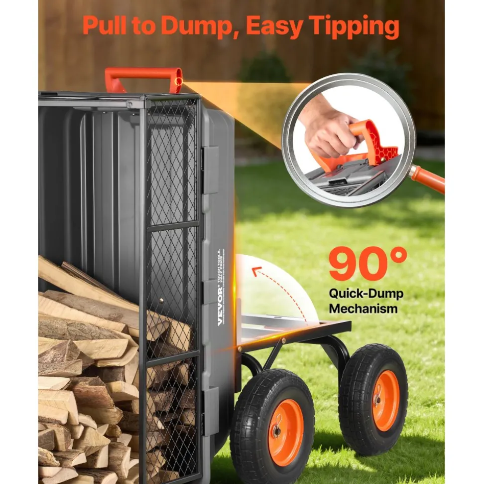 VEVOR Garden Dump Cart, 1200 lbs Poly Dump Cart, Garden Carts Dumps Wagon with Storage Fence, 2-in-1 Convertible Handle, 90° Quick-Dumps Mechanism, 180° Swivel Wheels, Yard Wagon for Plants, Soil