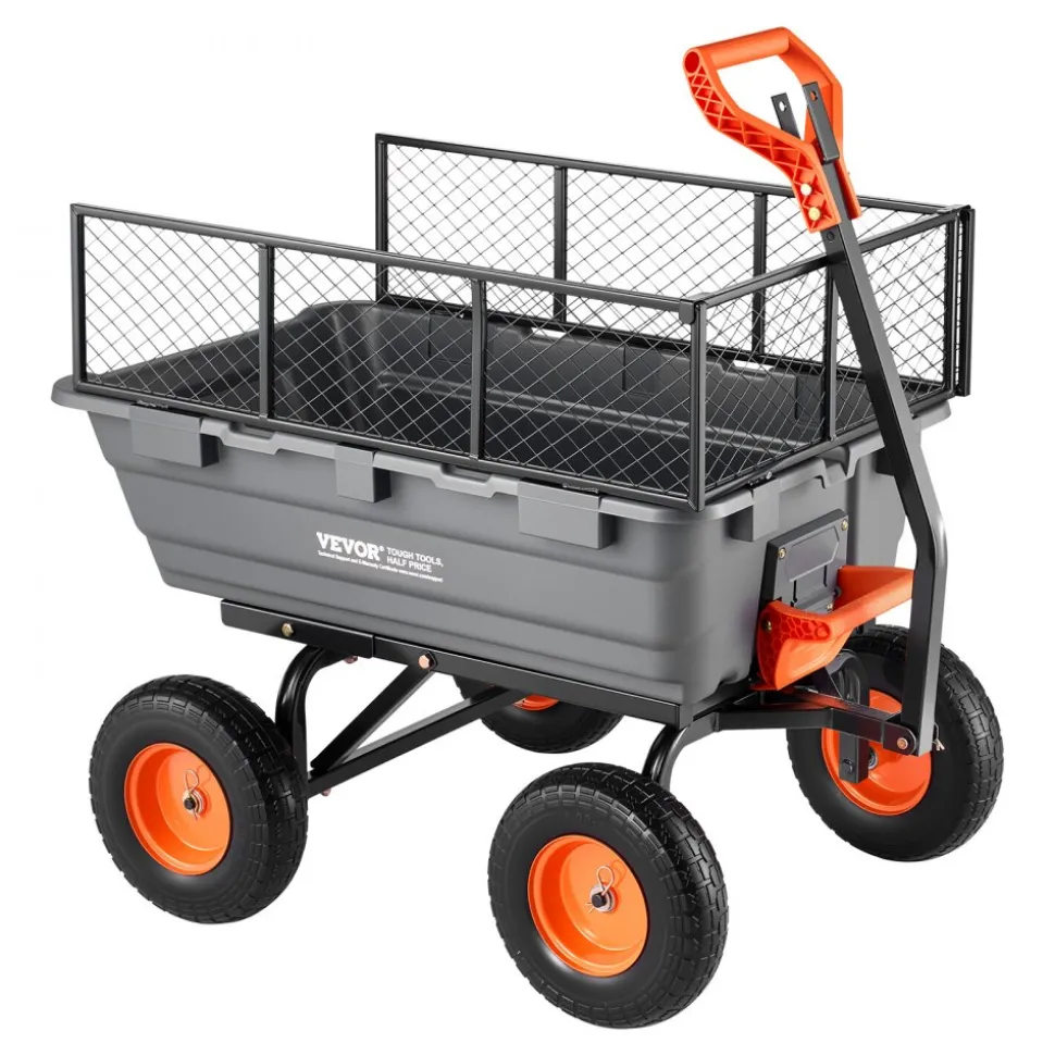 VEVOR Garden Dump Cart, 1200 lbs Poly Dump Cart, Garden Carts Dumps Wagon with Storage Fence, 2-in-1 Convertible Handle, 90° Quick-Dumps Mechanism, 180° Swivel Wheels, Yard Wagon for Plants, Soil