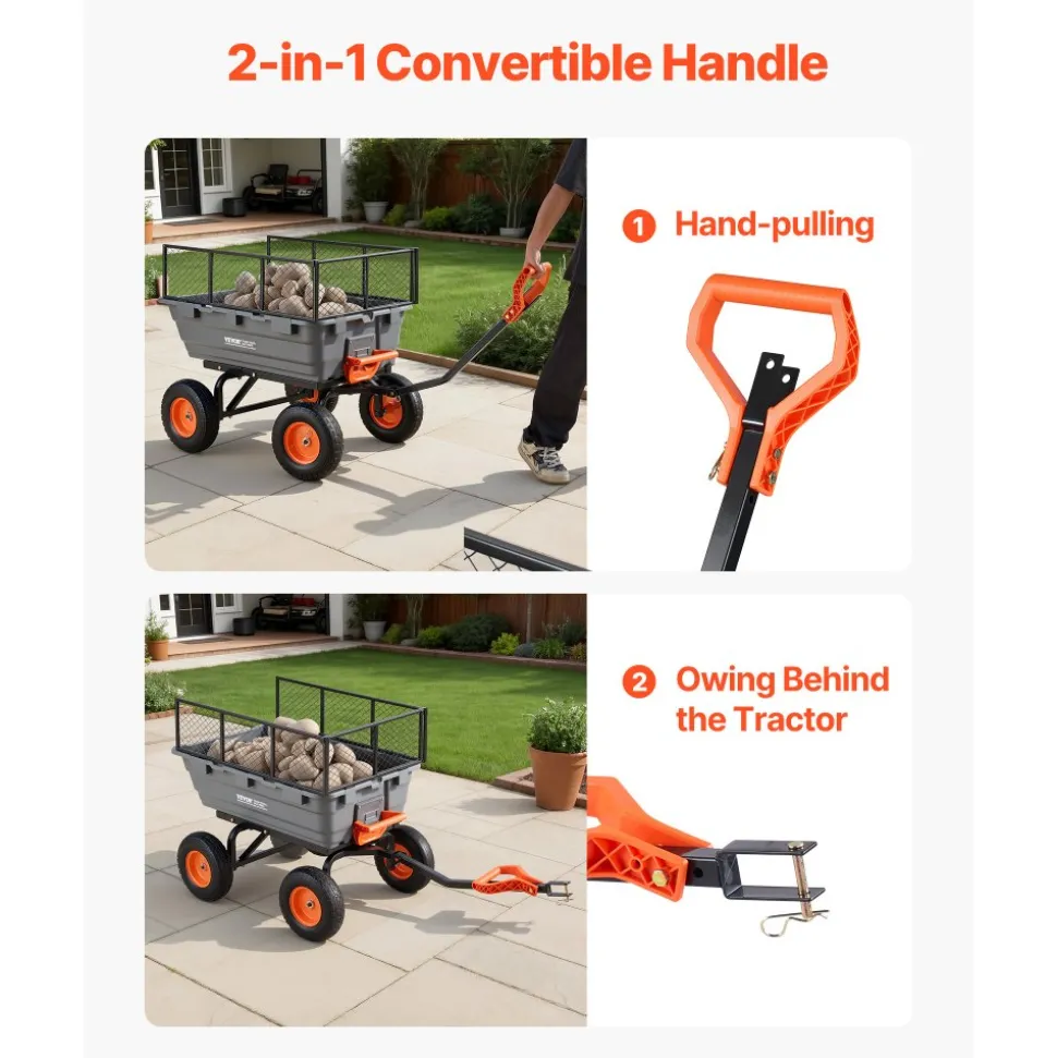 VEVOR Garden Dump Cart, 1200 lbs Poly Dump Cart, Garden Carts Dumps Wagon with Storage Fence, 2-in-1 Convertible Handle, 90° Quick-Dumps Mechanism, 180° Swivel Wheels, Yard Wagon for Plants, Soil