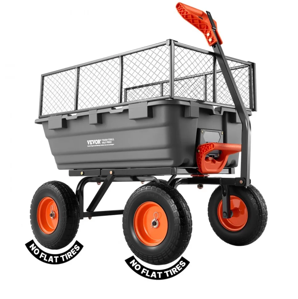 VEVOR Garden Dump Cart, 1200 lbs Poly Dump Cart, Garden Carts Dumps Wagon with Storage Fence, 2-in-1 Convertible Handle, 90° Quick-Dumps Mechanism, 180° Swivel Wheels, Yard Wagon for Plants, Soil