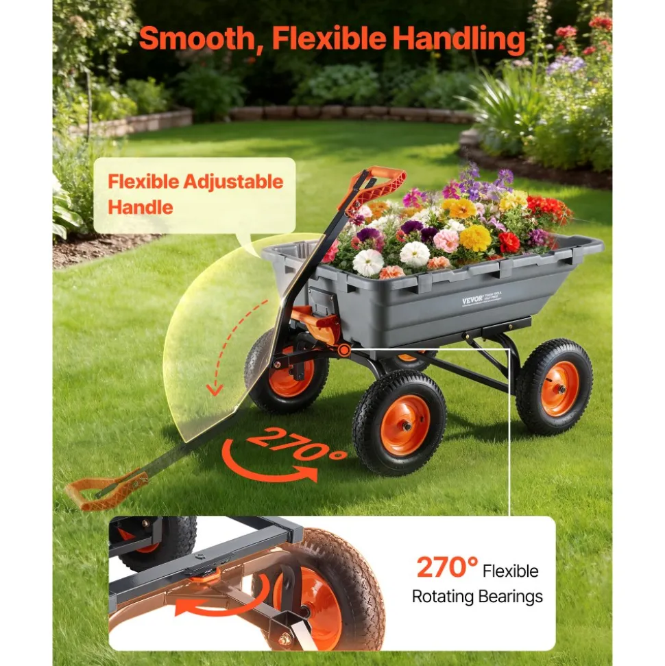 VEVOR Garden Dump Cart, 1500 lbs Poly Dump Cart, Garden Carts Dumps Wagon with 90° Quick-Dumps Mechanism, Adjustable Handle, 270° Flexible Rotating Bearings, Yard Wagon for Plants, Soil, Crops