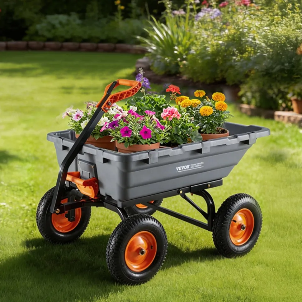 VEVOR Garden Dump Cart, 1500 lbs Poly Dump Cart, Garden Carts Dumps Wagon with 90° Quick-Dumps Mechanism, Adjustable Handle, 270° Flexible Rotating Bearings, Yard Wagon for Plants, Soil, Crops