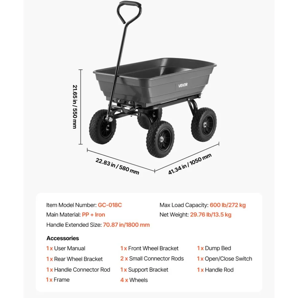 VEVOR Garden Dump Cart, 600 lbs Poly Dump Cart, Garden Carts Dumps Wagon with 90° Quick-Dumps Mechanism, 180° Swivel Wheels, 270° Flexible Rotating Bearings, Yard Wagon for Plants, Soil, Crops