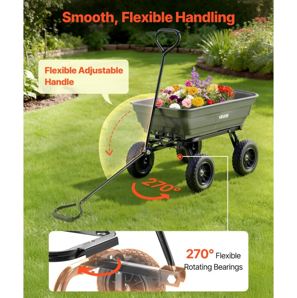 VEVOR Garden Dump Cart, 600 lbs Poly Dump Cart, Garden Carts Dumps Wagon with 90° Quick-Dumps Mechanism, 180° Swivel Wheels, 270° Flexible Rotating Bearings, Yard Wagon for Plants, Soil, Crops