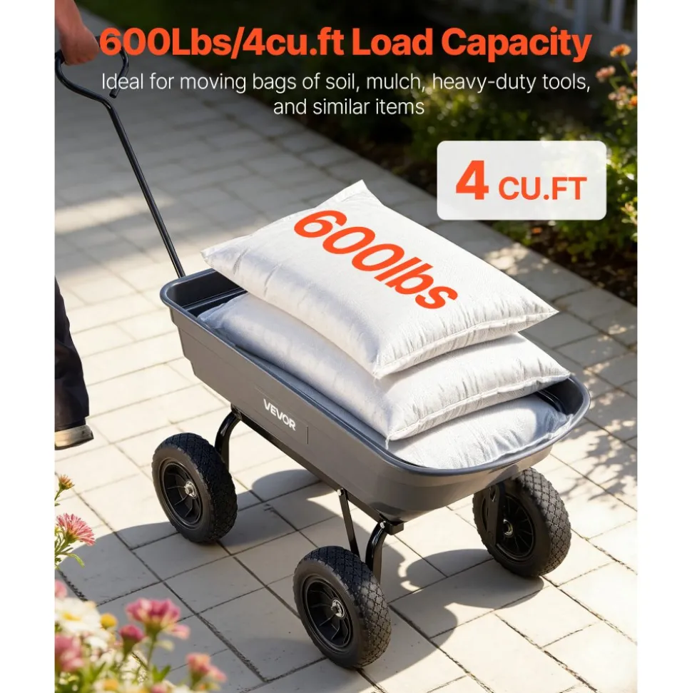 VEVOR Garden Dump Cart, 600 lbs Poly Dump Cart, Garden Carts Dumps Wagon with 90° Quick-Dumps Mechanism, 180° Swivel Wheels, 270° Flexible Rotating Bearings, Yard Wagon for Plants, Soil, Crops