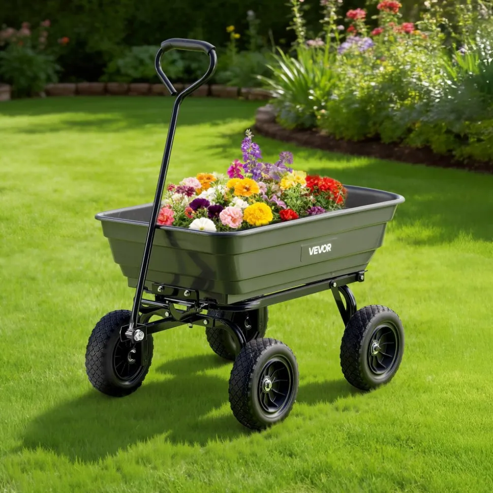 VEVOR Garden Dump Cart, 600 lbs Poly Dump Cart, Garden Carts Dumps Wagon with 90° Quick-Dumps Mechanism, 180° Swivel Wheels, 270° Flexible Rotating Bearings, Yard Wagon for Plants, Soil, Crops
