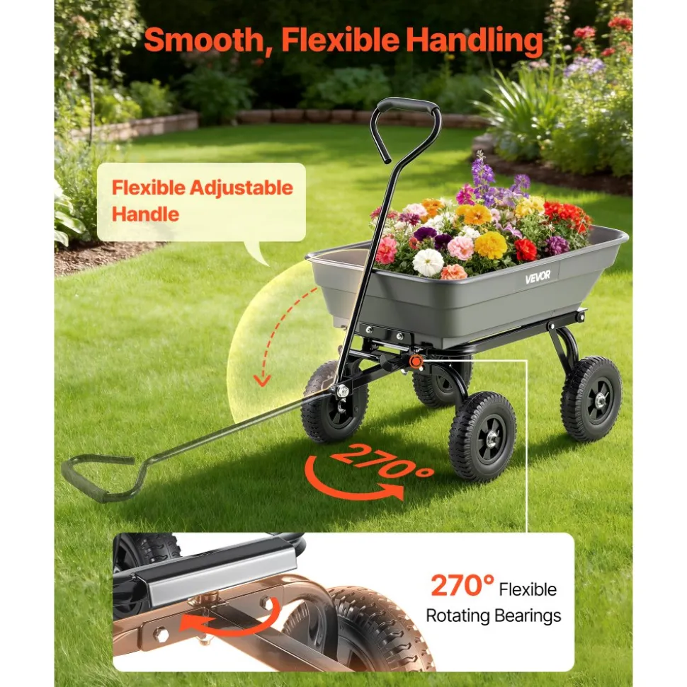 VEVOR Garden Dump Cart, 400 lbs Poly Dump Cart, Garden Carts Dumps Wagon with 90° Quick-Dumps Mechanism, 180° Swivel Wheels, 270° Flexible Rotating Bearings, Yard Wagon for Plants, Soil, Crops