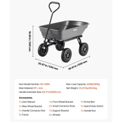 VEVOR Garden Dump Cart, 400 lbs Poly Dump Cart, Garden Carts Dumps Wagon with 90° Quick-Dumps Mechanism, 180° Swivel Wheels, 270° Flexible Rotating Bearings, Yard Wagon for Plants, Soil, Crops