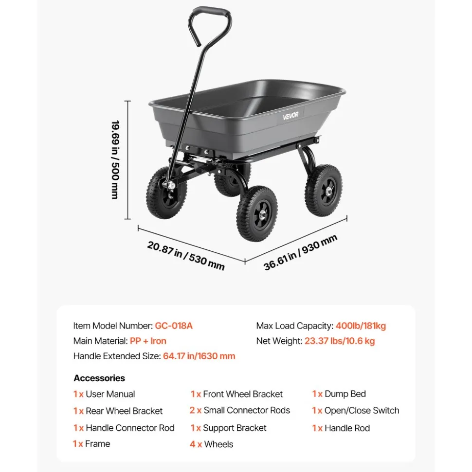 VEVOR Garden Dump Cart, 400 lbs Poly Dump Cart, Garden Carts Dumps Wagon with 90° Quick-Dumps Mechanism, 180° Swivel Wheels, 270° Flexible Rotating Bearings, Yard Wagon for Plants, Soil, Crops
