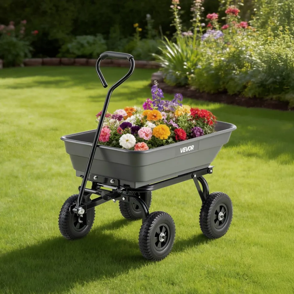 VEVOR Garden Dump Cart, 400 lbs Poly Dump Cart, Garden Carts Dumps Wagon with 90° Quick-Dumps Mechanism, 180° Swivel Wheels, 270° Flexible Rotating Bearings, Yard Wagon for Plants, Soil, Crops