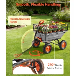 VEVOR Garden Dump Cart, 1500lbs Poly Dump Cart, 15 Cu. Ft. Garden Carts Dumps Wagon with 2-in-1 Convertible Handle, 90° Quick-Dumps Mechanism, Adjustable Handle, Yard Wagon for Plants, Soil, Crops