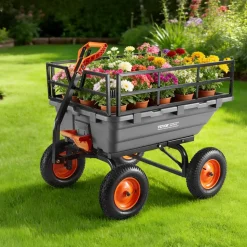 VEVOR Garden Dump Cart, 1500lbs Poly Dump Cart, 15 Cu. Ft. Garden Carts Dumps Wagon with 2-in-1 Convertible Handle, 90° Quick-Dumps Mechanism, Adjustable Handle, Yard Wagon for Plants, Soil, Crops