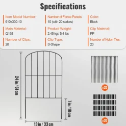 VEVOR Garden Fence, 24in(H) x11ft(L) Animal Barrier Fence, Underground Decorative Garden Fencing with 2 Inch Spike Spacing, Metal Dog Fence for the Yard and Outdoor Patio, 10 Pack