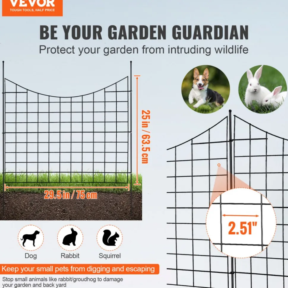 VEVOR Garden Fence, 36.6in(H) x29.5in(L) Animal Barrier Fence, Underground Decorative Garden Fencing with 2.5 Inch Spike Spacing, Metal Dog Fence for the Yard and Outdoor Patio, 5 Pack