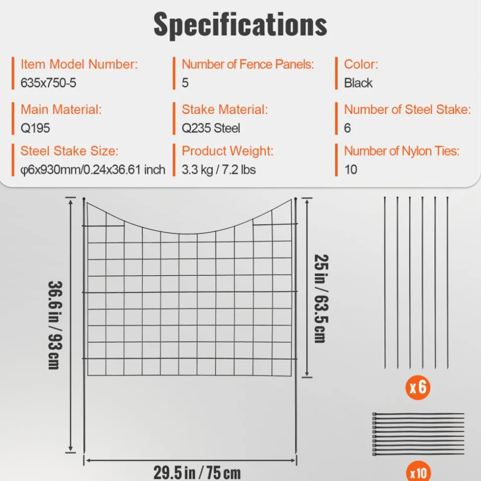 VEVOR Garden Fence, 36.6in(H) x29.5in(L) Animal Barrier Fence, Underground Decorative Garden Fencing with 2.5 Inch Spike Spacing, Metal Dog Fence for the Yard and Outdoor Patio, 5 Pack