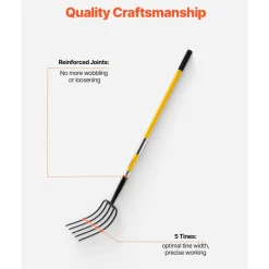 VEVOR Garden Fork, 5-Tine Gardening Pitchfork with Fiberglass Handle, 57 in Heavy Duty Digging Fork with Y Grip, Forged Steel Spading Fork for Hay Potato Composting Transplanting Aeration