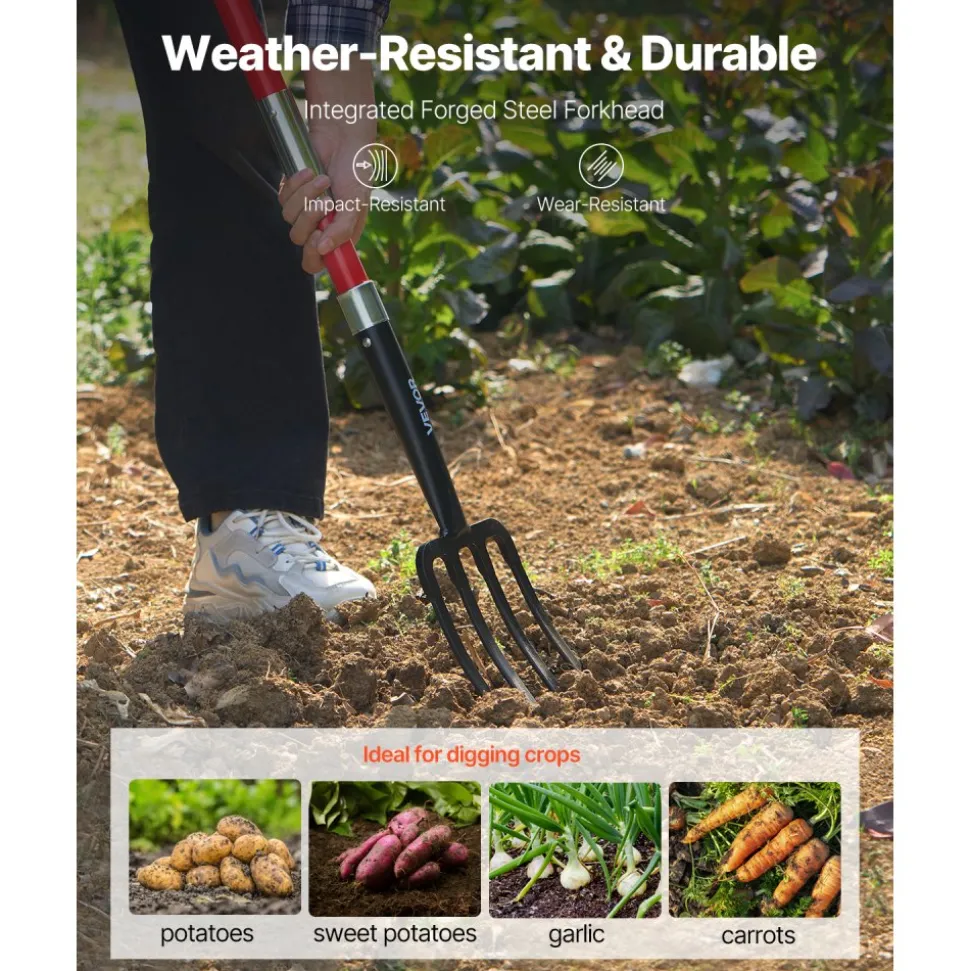 VEVOR Garden Fork, 4-Tine Gardening Pitchfork with Fiberglass Handle, 45 in Heavy Duty Digging Fork with Y Grip, Forged Steel Spading Fork for Hay Potato Composting Transplanting Aeration