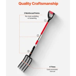 VEVOR Garden Fork, 4-Tine Gardening Pitchfork with Fiberglass Handle, 45 in Heavy Duty Digging Fork with Y Grip, Forged Steel Spading Fork for Hay Potato Composting Transplanting Aeration