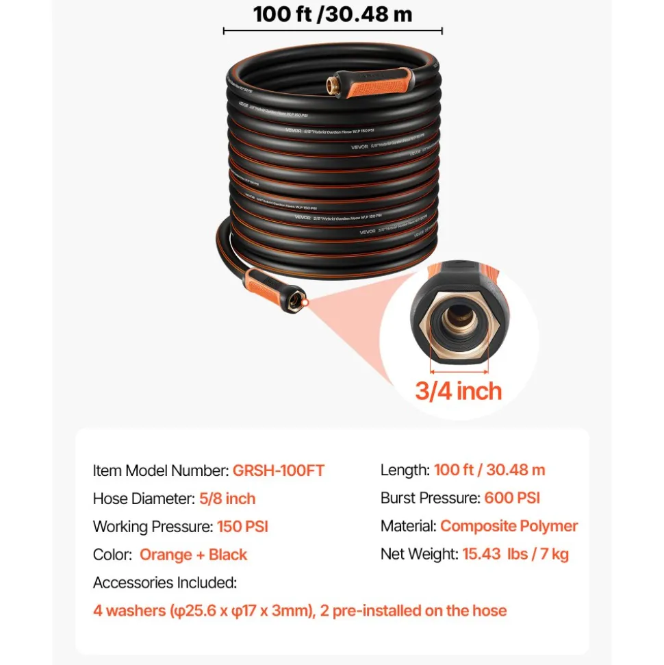 VEVOR Garden Hose, 100 ft 5/8" Heavy Duty 4-Layer Rubber Water Hose, 150PSI Working & 600PSI Burst, Flexible & Non-kink Outdoor Waterhose with 3/4" Fitting, Lightweight Hoses for Gardening Cleaning