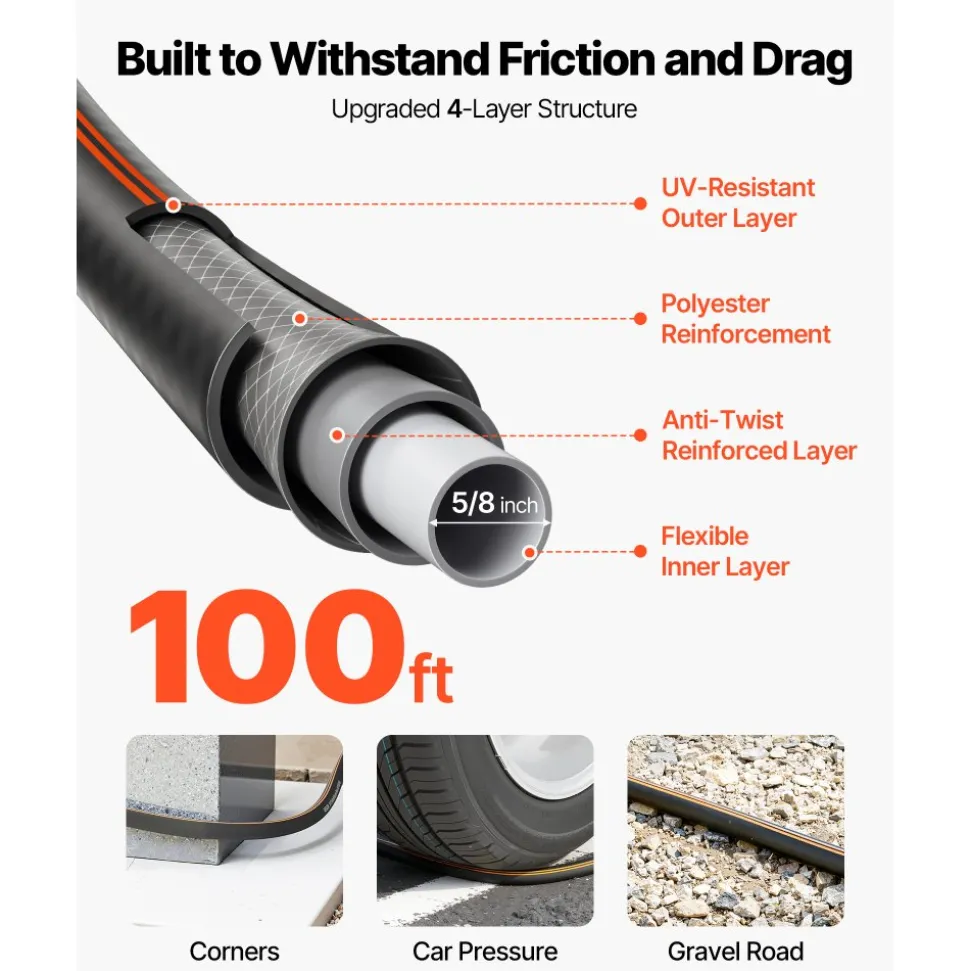 VEVOR Garden Hose, 100 ft 5/8" Heavy Duty 4-Layer Rubber Water Hose, 150PSI Working & 600PSI Burst, Flexible & Non-kink Outdoor Waterhose with 3/4" Fitting, Lightweight Hoses for Gardening Cleaning