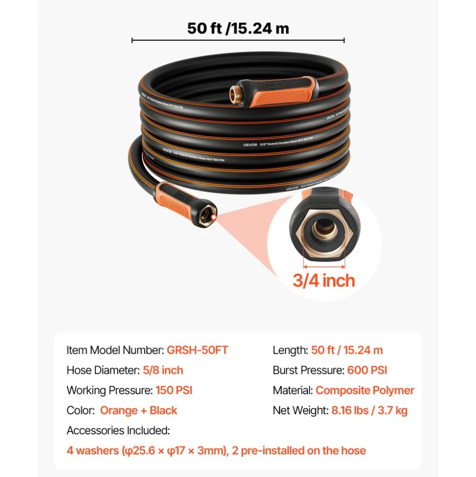 VEVOR Garden Hose, 50 ft 5/8" Heavy Duty 4-Layer Rubber Water Hose, 150PSI Working & 600PSI Burst, Flexible & Non-kink Outdoor Waterhose with 3/4" Fitting, Lightweight Hoses for Gardening Cleaning