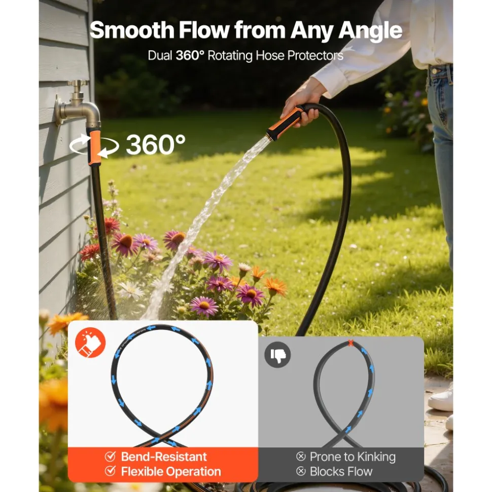 VEVOR Garden Hose, 50 ft 5/8" Heavy Duty 4-Layer Rubber Water Hose, 150PSI Working & 600PSI Burst, Flexible & Non-kink Outdoor Waterhose with 3/4" Fitting, Lightweight Hoses for Gardening Cleaning