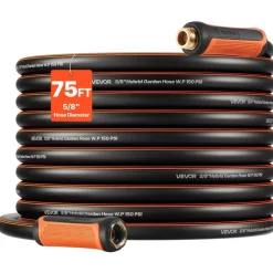 VEVOR Garden Hose, 75 ft 5/8" Heavy Duty 4-Layer Rubber Water Hose, 150PSI Working & 600PSI Burst, Flexible & Non-kink Outdoor Waterhose with 3/4" Fitting, Lightweight Hoses for Gardening Cleaning