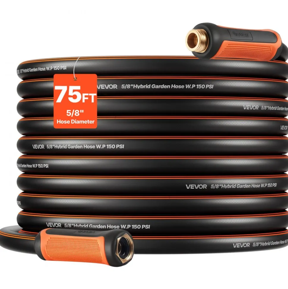 VEVOR Garden Hose, 75 ft 5/8" Heavy Duty 4-Layer Rubber Water Hose, 150PSI Working & 600PSI Burst, Flexible & Non-kink Outdoor Waterhose with 3/4" Fitting, Lightweight Hoses for Gardening Cleaning