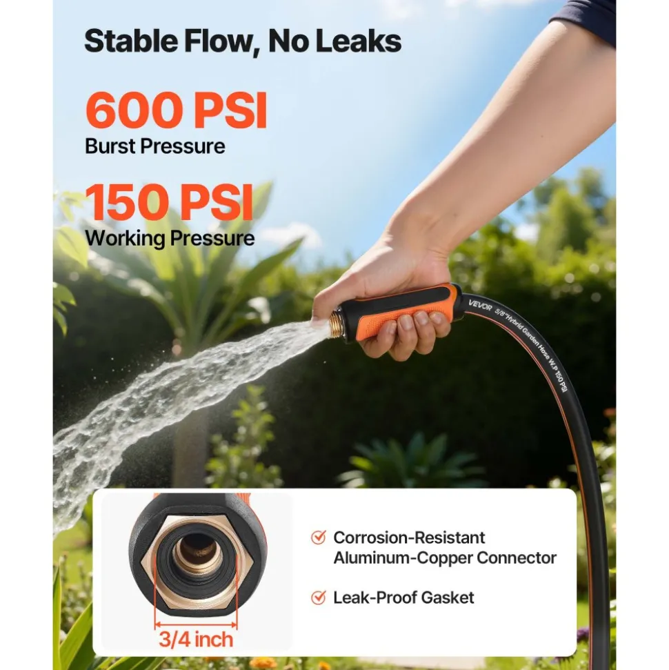 VEVOR Garden Hose, 75 ft 5/8" Heavy Duty 4-Layer Rubber Water Hose, 150PSI Working & 600PSI Burst, Flexible & Non-kink Outdoor Waterhose with 3/4" Fitting, Lightweight Hoses for Gardening Cleaning