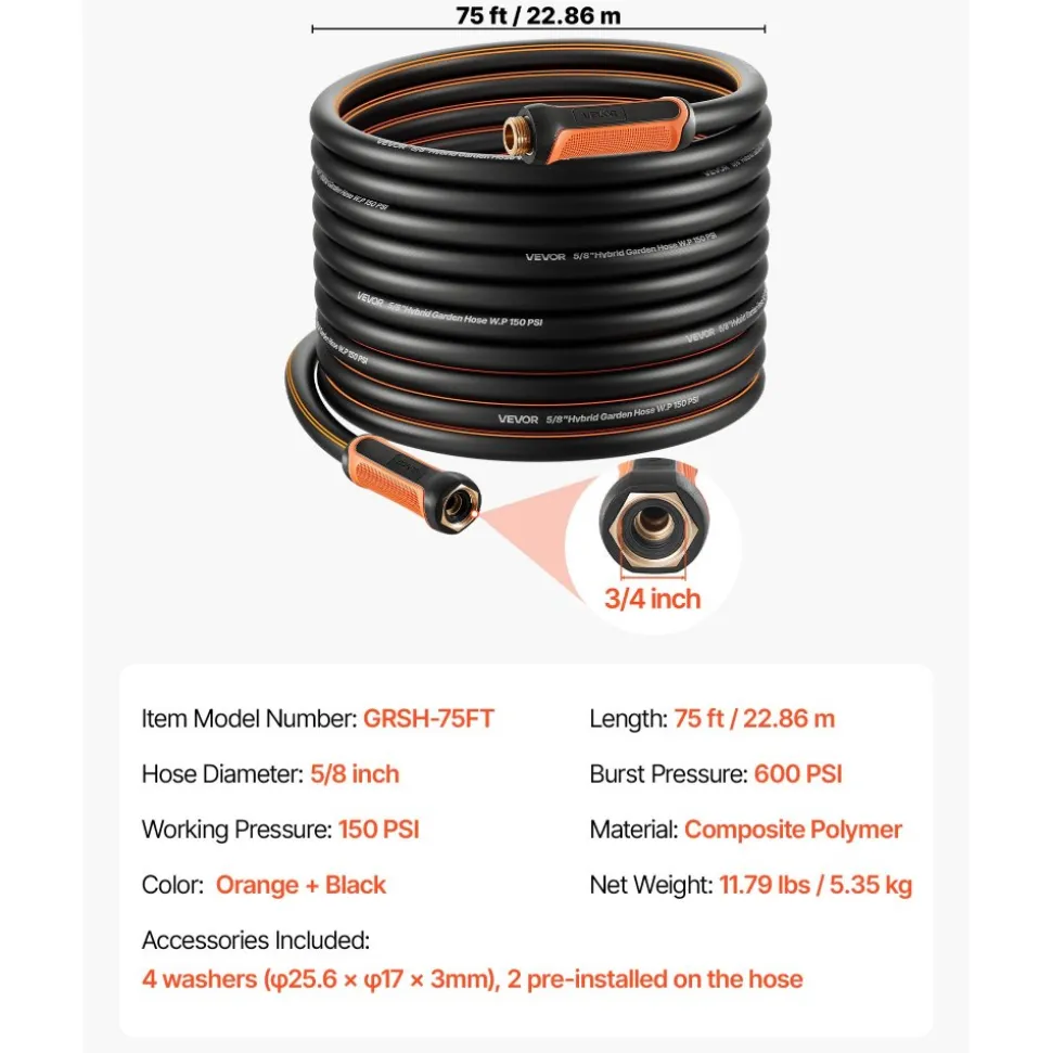 VEVOR Garden Hose, 75 ft 5/8" Heavy Duty 4-Layer Rubber Water Hose, 150PSI Working & 600PSI Burst, Flexible & Non-kink Outdoor Waterhose with 3/4" Fitting, Lightweight Hoses for Gardening Cleaning