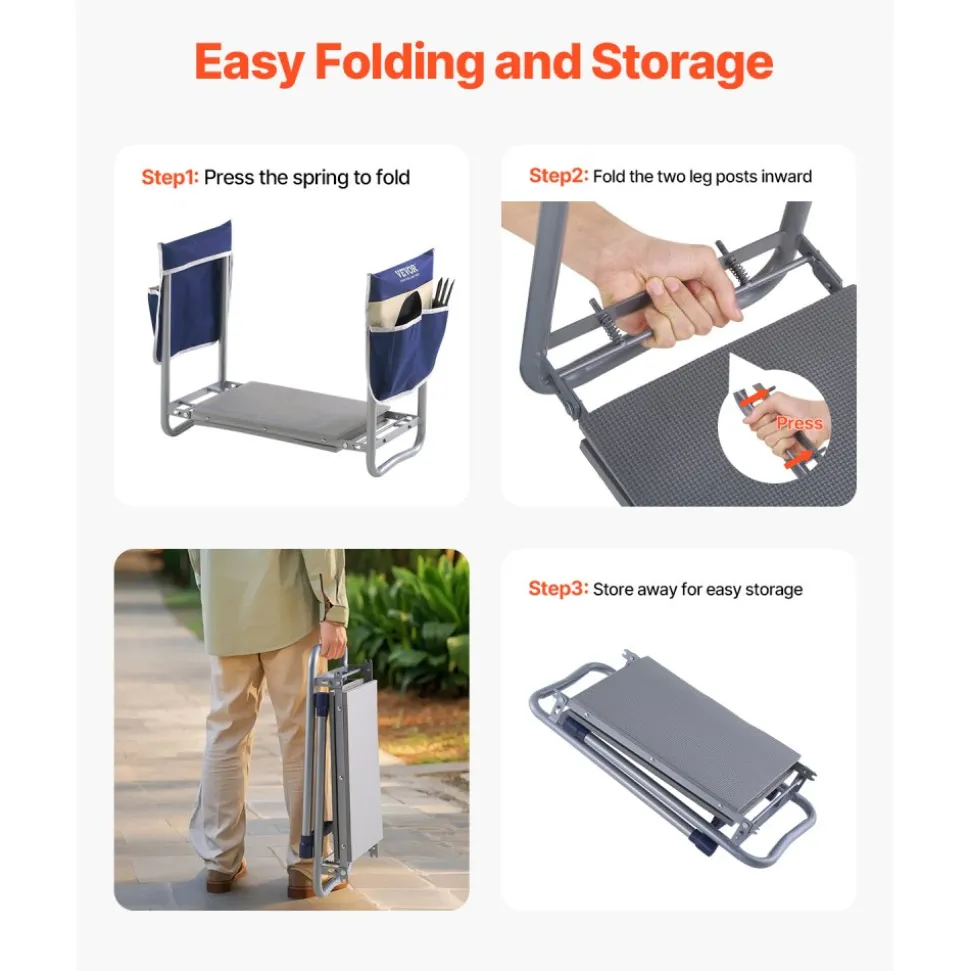 VEVOR Garden Kneeler and Seat, 11 in Wide Kneeling Pad, Heavy Duty Garden Kneeling Stool, Folding Garden Seat with 2 Tool Bags, Relieve Knee & Back Pain, Non-Slip Garden Bench for Women Grandparents