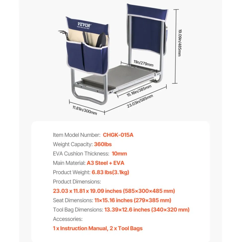 VEVOR Garden Kneeler and Seat, 11 in Wide Kneeling Pad, Heavy Duty Garden Kneeling Stool, Folding Garden Seat with 2 Tool Bags, Relieve Knee & Back Pain, Non-Slip Garden Bench for Women Grandparents