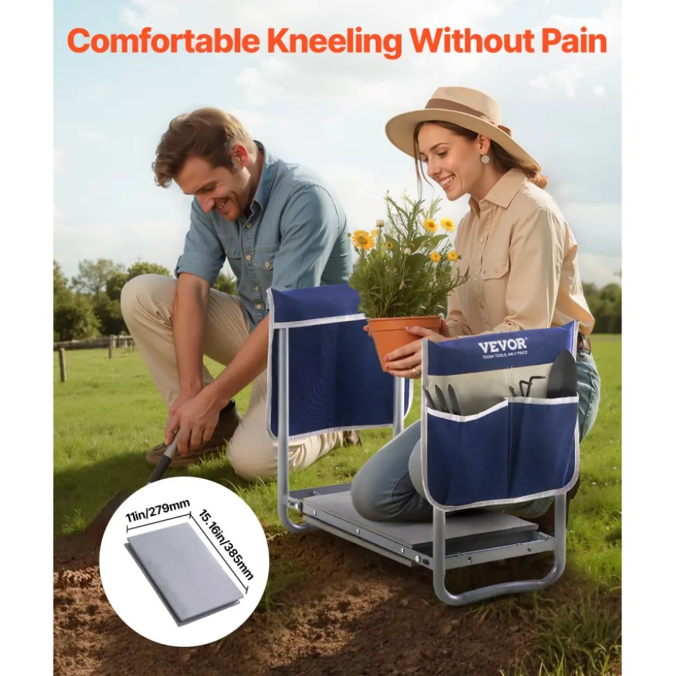 VEVOR Garden Kneeler and Seat, 11 in Wide Kneeling Pad, Heavy Duty Garden Kneeling Stool, Folding Garden Seat with 2 Tool Bags, Relieve Knee & Back Pain, Non-Slip Garden Bench for Women Grandparents