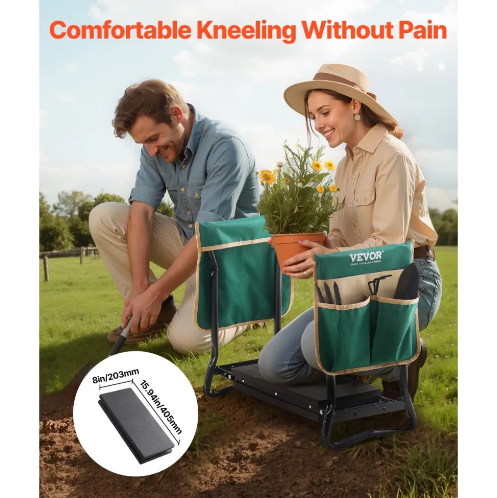 VEVOR Garden Kneeler and Seat, 8 in Wide Kneeling Pad, Heavy Duty Garden Kneeling Stool, Folding Garden Seat with 2 Tool Bags, Relieve Knee & Back Pain, Portable Garden Bench for Women Grandparents
