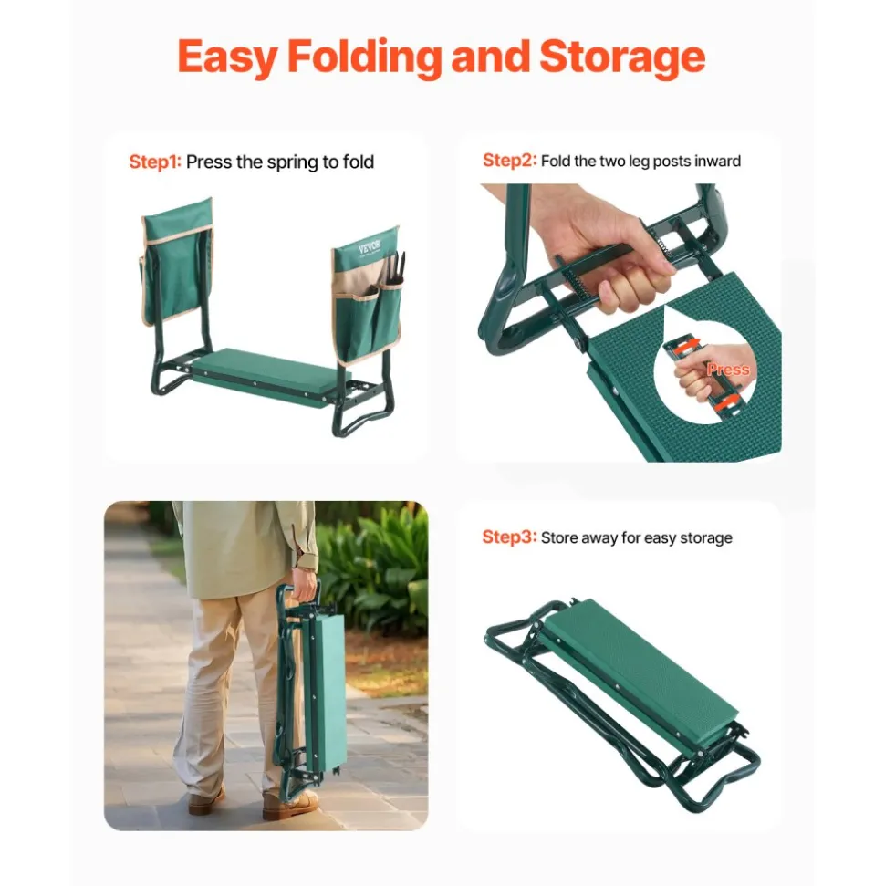 VEVOR Garden Kneeler and Seat, 6 in Wide Kneeling Pad, Heavy Duty Garden Kneeling Stool, Folding Garden Seat with 2 Tool Bags, Relieve Knee & Back Pain, Portable Garden Bench for Women Grandparents