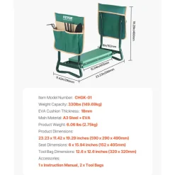 VEVOR Garden Kneeler and Seat, 6 in Wide Kneeling Pad, Heavy Duty Garden Kneeling Stool, Folding Garden Seat with 2 Tool Bags, Relieve Knee & Back Pain, Portable Garden Bench for Women Grandparents