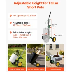 VEVOR Garden Pot Mover, Heavy Duty Plant Dolly Cart with Adjustable Grabbing Arm, Max 143 LBS Weight Capacity, Potted Plant Mover Dolly with Suction Cup and Secure Lock, Fits for Indoor & Outdoor Use
