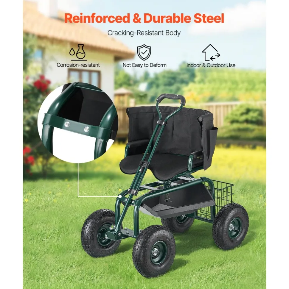 VEVOR Garden Seat with Wheels, Rolling Garden Stool with Height Adjustable & 360° Swivel Seat, 400lbs Weight Capacity, Gardening Cart Bench, Ergonomic Backrest & Tool Storage, for Garden, Yard, Patio