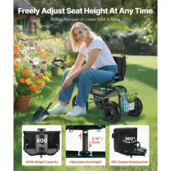 VEVOR Garden Seat with Wheels, Rolling Garden Stool with Height Adjustable & 360° Swivel Seat, 400lbs Weight Capacity, Gardening Cart Bench, Ergonomic Backrest & Tool Storage, for Garden, Yard, Patio