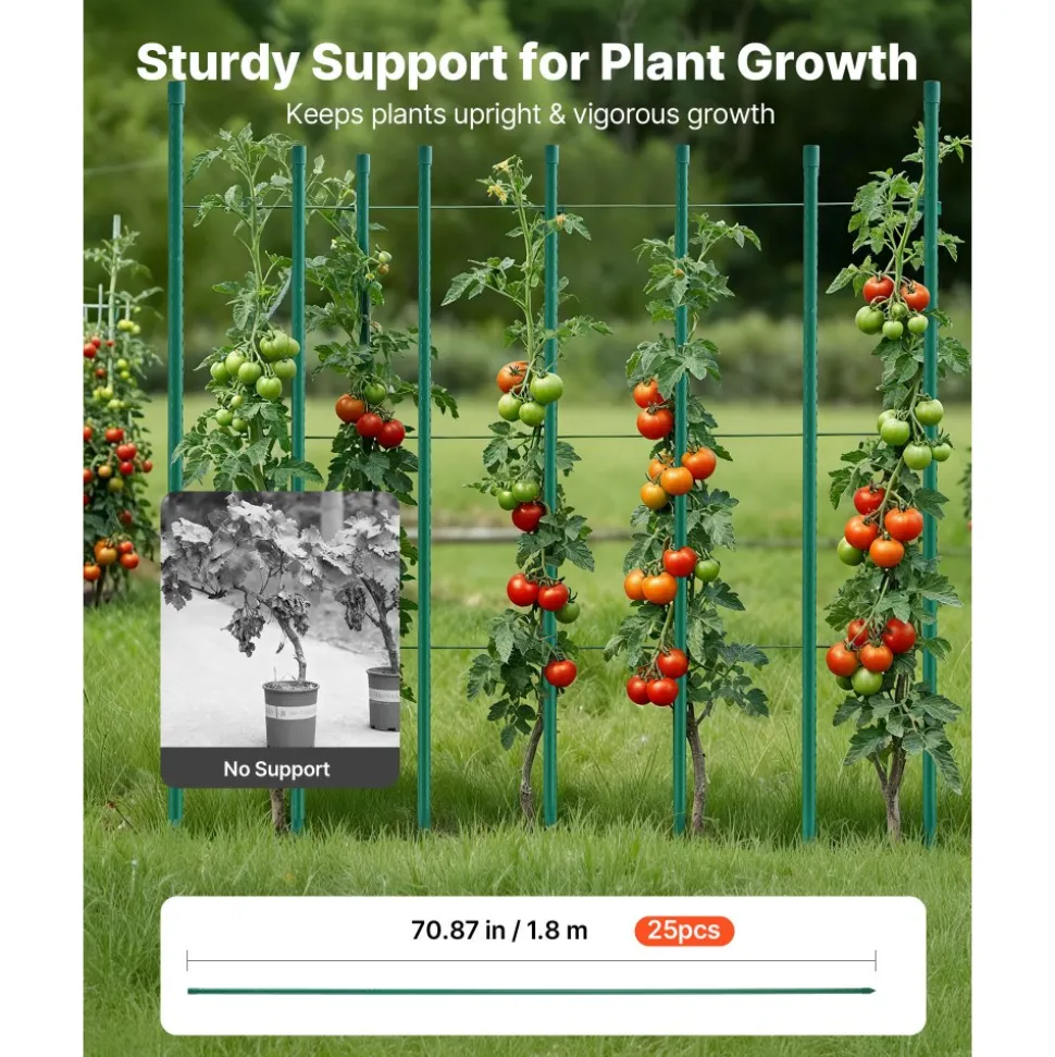 VEVOR Garden Stakes, 50 Pack, 70.87 inch, Plastic Coated Metal Tomato Stakes, Garden Sticks for Plants Support, with Pointed End and Non-Slip Bumps for Growing Climbing Plants, Outdoor Vegetables