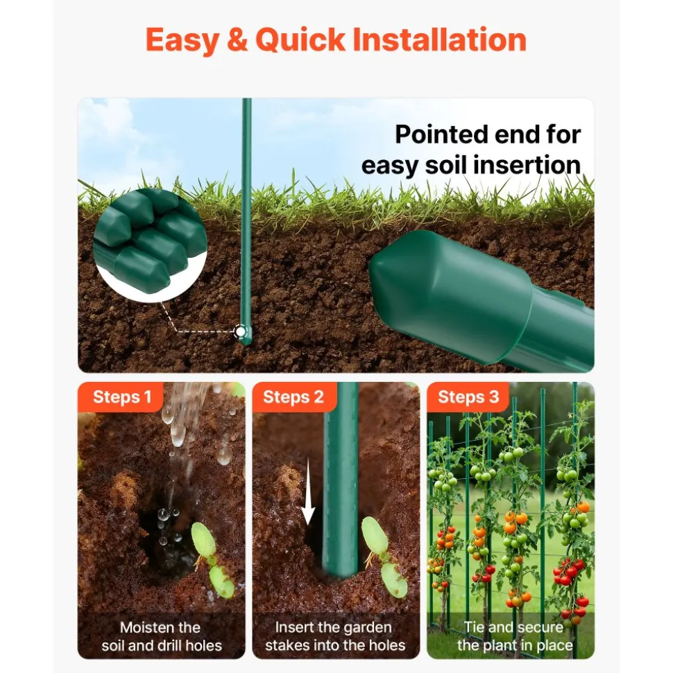 VEVOR Garden Stakes, 50 Pack, 70.87 inch, Plastic Coated Metal Tomato Stakes, Garden Sticks for Plants Support, with Pointed End and Non-Slip Bumps for Growing Climbing Plants, Outdoor Vegetables