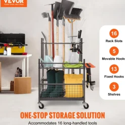 VEVOR Garden Tool Organizer, 16 Slots with Hooks, Yard Tool Tower Rack with Wheels for Garage Organization and Storage, Hold Long-Handled Tool/Rake/Broom, Metal Tool Stand Holder for Shed, Outdoor