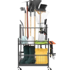 VEVOR Garden Tool Organizer, 16 Slots with Hooks, Yard Tool Tower Rack with Wheels for Garage Organization and Storage, Hold Long-Handled Tool/Rake/Broom, Metal Tool Stand Holder for Shed, Outdoor