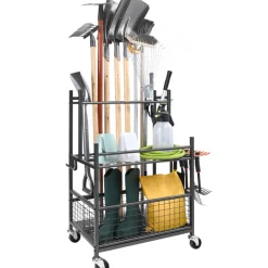 VEVOR Garden Tool Organizer, 16 Slots with Hooks, Yard Tool Tower Rack with Wheels for Garage Organization and Storage, Hold Long-Handled Tool/Rake/Broom, Metal Tool Stand Holder for Shed, Outdoor