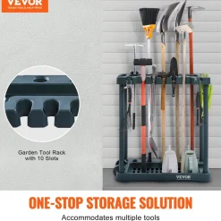 VEVOR Garden Tool Organizer, 35 Slots with Hooks, Metal Garage Storage Rack, for Rakes/Shovels/Brooms, Yard Utility Tool Holder for Shed/Outdoor/Lawn Organization, Heavy-Duty Steel, Freestanding,Black