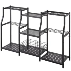VEVOR Garden Tool Organizer, 3-Tier High-Capacity Metal Garage Storage Rack, for Rakes/Shovels/Brooms, Yard Utility Tool Holder for Shed/Outdoor/Lawn Organization, Heavy-Duty Steel, with Hooks, Black