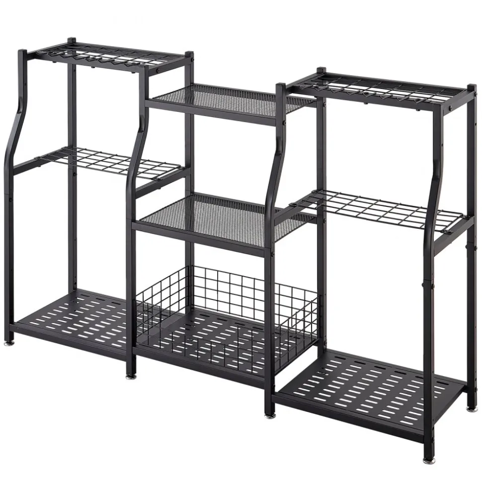 VEVOR Garden Tool Organizer, 3-Tier High-Capacity Metal Garage Storage Rack, for Rakes/Shovels/Brooms, Yard Utility Tool Holder for Shed/Outdoor/Lawn Organization, Heavy-Duty Steel, with Hooks, Black