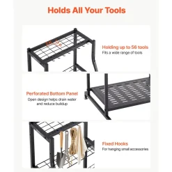 VEVOR Garden Tool Organizer, 3-Tier High-Capacity Metal Garage Storage Rack, for Rakes/Shovels/Brooms, Yard Utility Tool Holder for Shed/Outdoor/Lawn Organization, Heavy-Duty Steel, with Hooks, Black