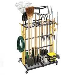 VEVOR Garden Tool Organizer with Wheels, Large Metal Garage Storage Rack, for Rakes/Shovels/Brooms/Long Farming Tools, Yard Utility Holder for Shed/Outdoor/Lawn Organization, Heavy-Duty Steel, Black